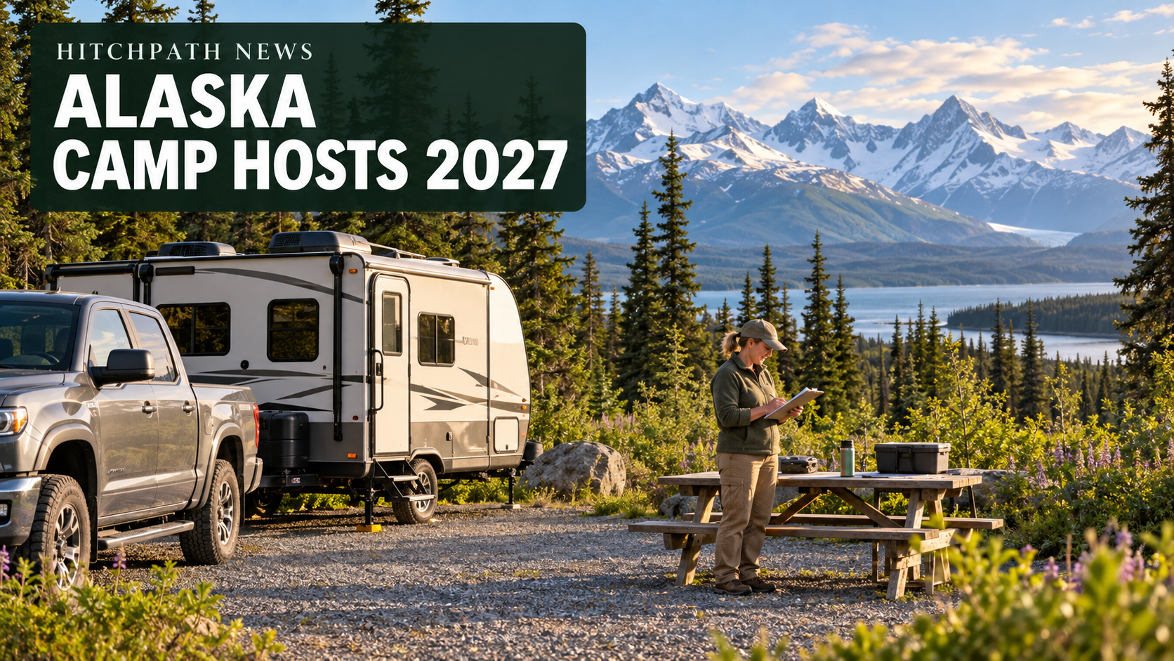 AI illustration of a camp host with a clipboard beside an RV and picnic table, with an Alaska-inspired mountain and lake landscape.