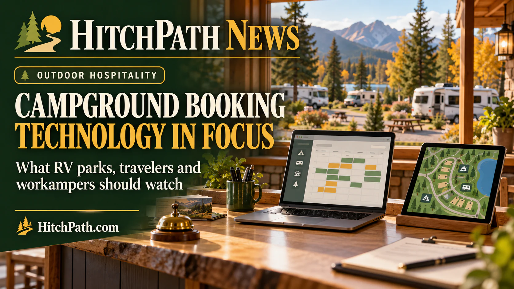 HitchPath News illustration of a campground reception desk with a laptop reservation calendar, tablet campsite map and RVs outside; headline: Campground Booking Technology in Focus.