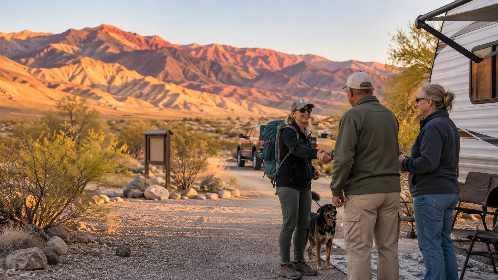 Illustrative desert campground scene with RV travelers and a parked trailer in the mountains