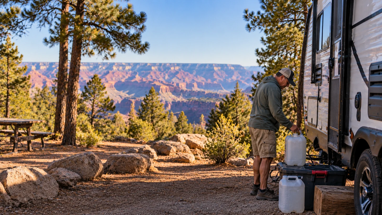 Illustrative scene of an RVer with potable-water containers beside a travel trailer overlooking a canyon