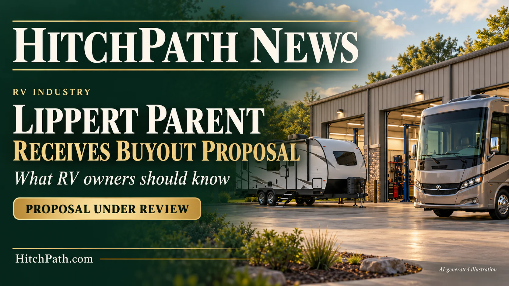 HitchPath News illustration of an RV service setting with the headline Lippert Parent Receives Buyout Proposal.