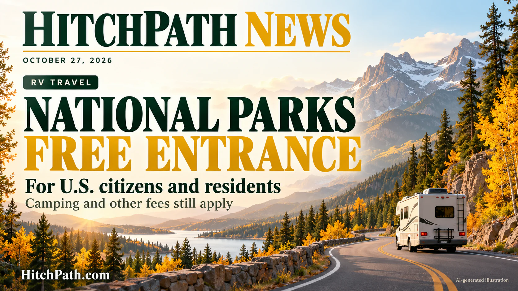 HitchPath News illustration of an RV on an autumn mountain road announcing free national park entrance October 27, 2026, for U.S. citizens and residents; camping and other fees still apply.