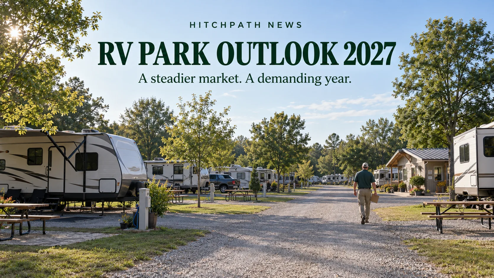 Travel trailers at a tree-lined campground as an owner walks along the gravel lane.