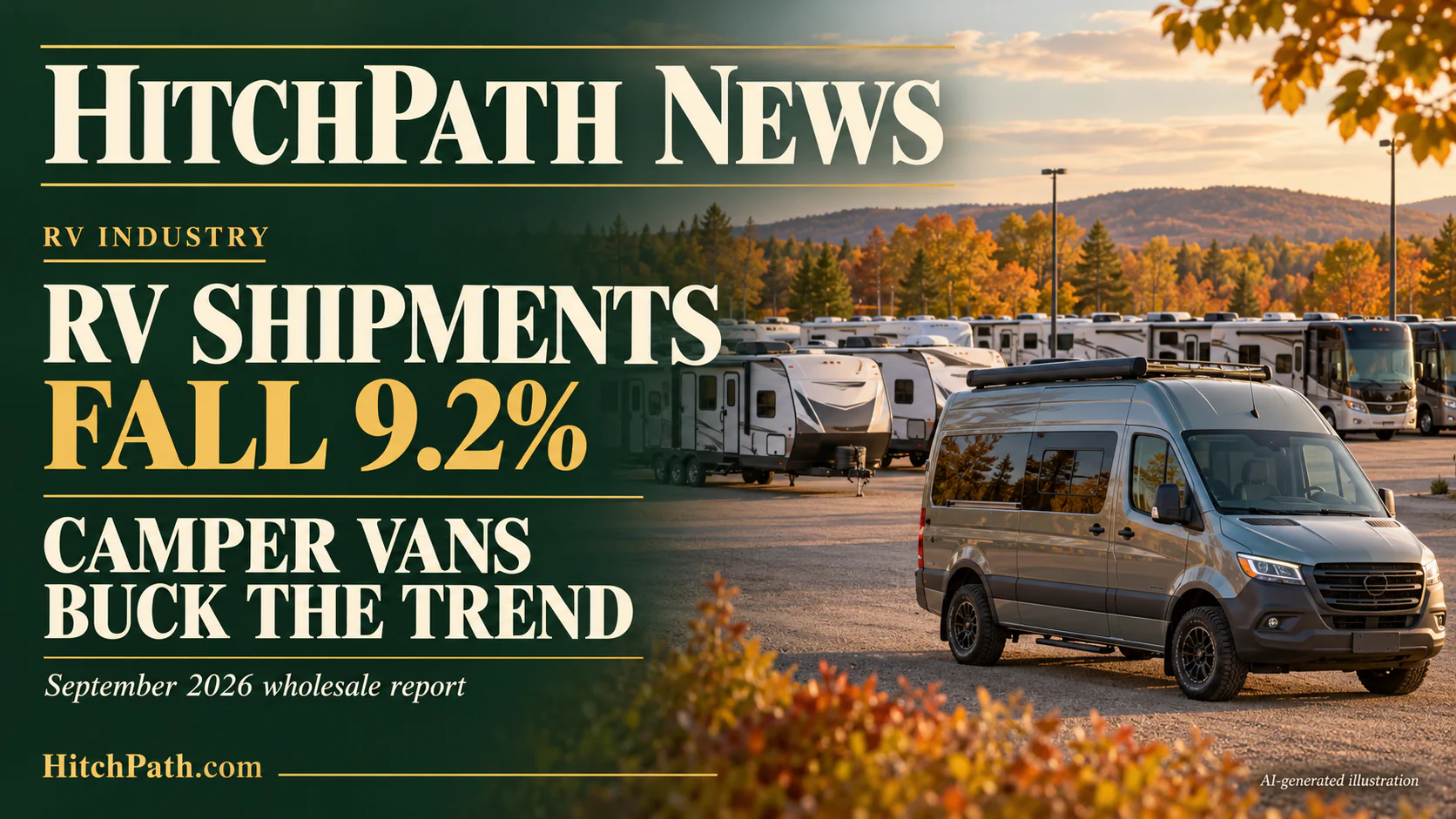 HitchPath News editorial illustration of travel trailers and a camper van representing the September 2026 RV shipment report.