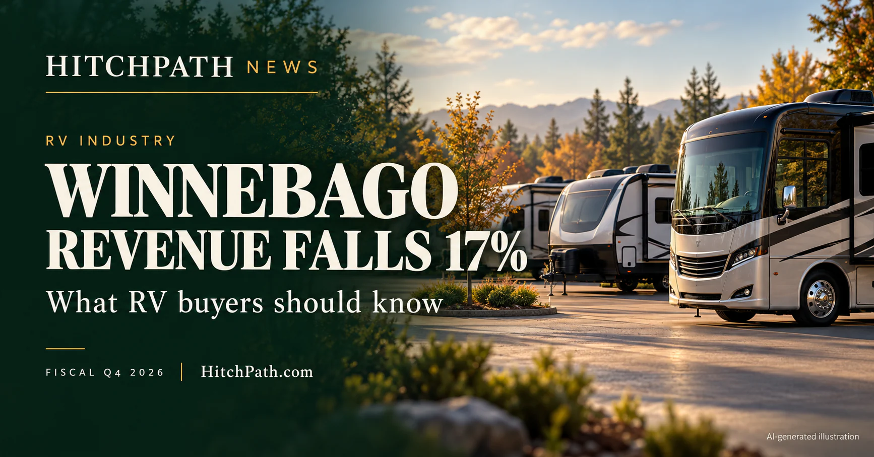 AI-generated illustration of RVs in a dealership-style setting with the headline “Winnebago Revenue Falls 17%.”