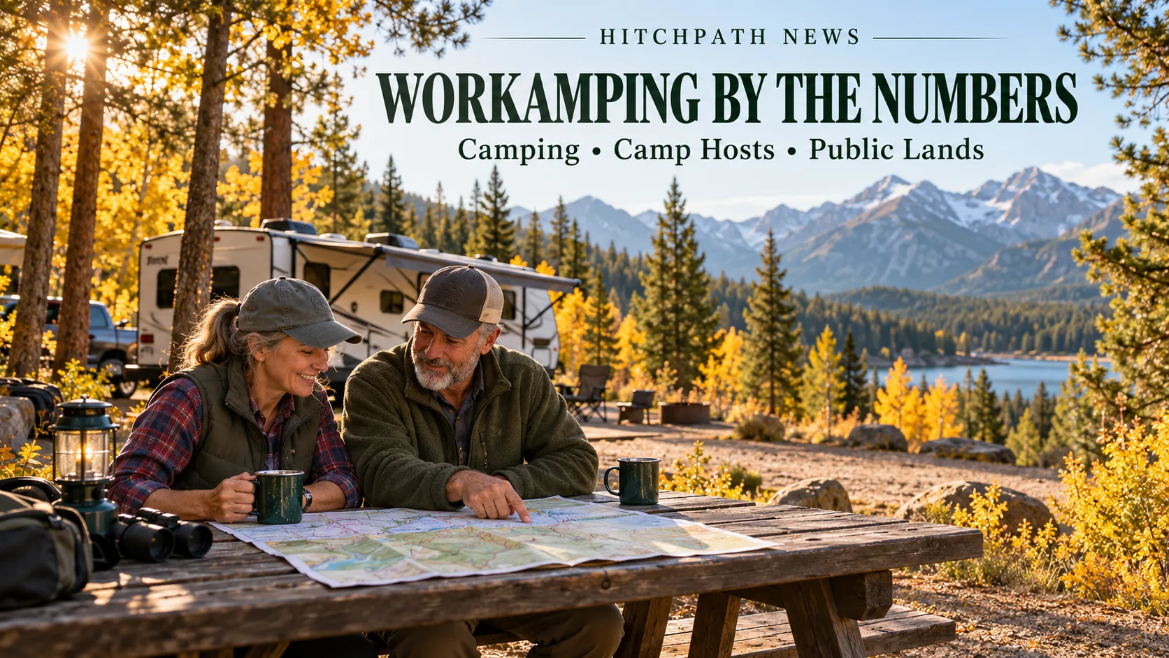 Illustration of two campground hosts reviewing a map beside an RV in an autumn campground.